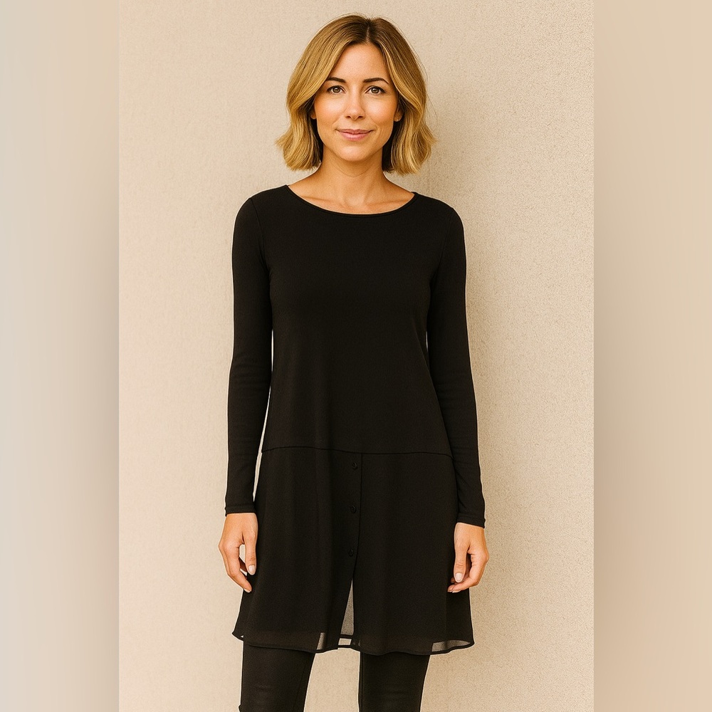 Eileen Fisher Black Double Layer Silk Jersey Bateau Neck Tunic Blouse Women's‎ M